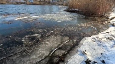 melting ice on the river. ice drift, ice floes float on the river in early spring, the river is opened from ice, snow melts. spring thaw. winter nature. frozen water. 