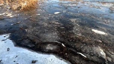 Nehirde eriyen buz. Buz kayması, ilkbaharın başlarında nehirde yüzen buz kütleleri, buzdan açılan nehir, eriyen karlar. İlkbahar buzu. Kış doğası. donmuş su. 