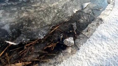 melting ice on the river. ice drift, ice floes float on the river in early spring, the river is opened from ice, snow melts. spring thaw. winter nature. frozen water. 