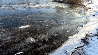 Nehirde eriyen buz. Buz kayması, ilkbaharın başlarında nehirde yüzen buz kütleleri, buzdan açılan nehir, eriyen karlar. İlkbahar buzu. Kış doğası. donmuş su. 