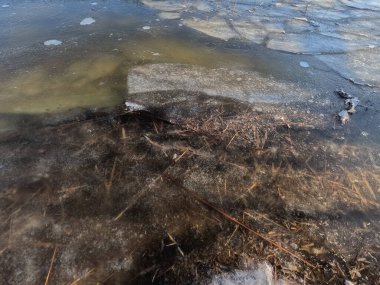 clear ice on the river. ice texture. the ice is melting. spring thaw. frozen water. air and water.