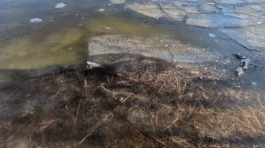 clear ice on the river. ice texture. the ice is melting. spring thaw. frozen water. air and water.