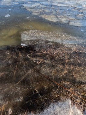 clear ice on the river. ice texture. the ice is melting. spring thaw. frozen water. air and water.