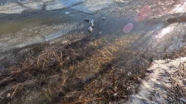 clear ice on the river. ice texture. the ice is melting. spring thaw. frozen water. air and water.