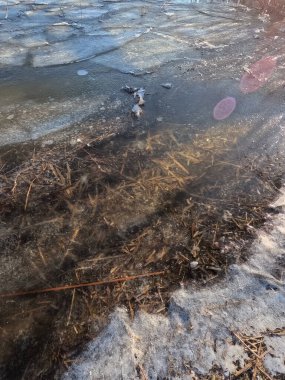 clear ice on the river. ice texture. the ice is melting. spring thaw. frozen water. air and water.
