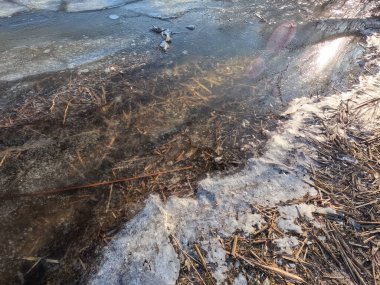 clear ice on the river. ice texture. the ice is melting. spring thaw. frozen water. air and water.