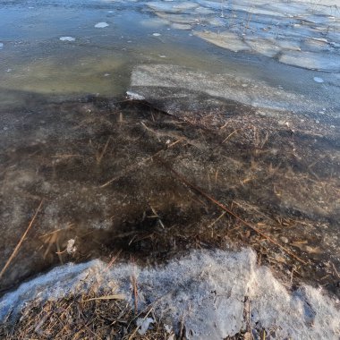 clear ice on the river. ice texture. the ice is melting. spring thaw. frozen water. air and water.