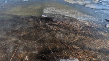 clear ice on the river. ice texture. the ice is melting. spring thaw. frozen water. air and water.