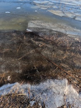 clear ice on the river. ice texture. the ice is melting. spring thaw. frozen water. air and water.
