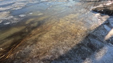 clear ice on the river. ice texture. the ice is melting. spring thaw. frozen water. air and water.