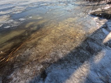 clear ice on the river. ice texture. the ice is melting. spring thaw. frozen water. air and water.