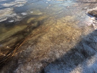 clear ice on the river. ice texture. the ice is melting. spring thaw. frozen water. air and water.