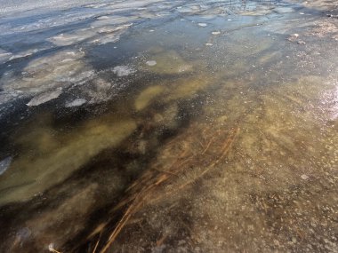 clear ice on the river. ice texture. the ice is melting. spring thaw. frozen water. air and water.