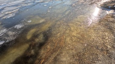 clear ice on the river. ice texture. the ice is melting. spring thaw. frozen water. air and water.