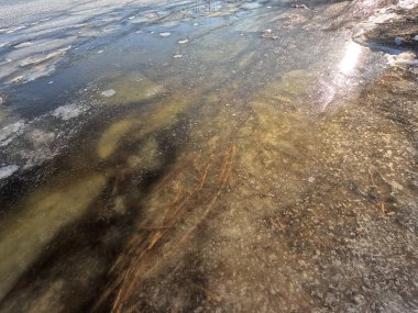 clear ice on the river. ice texture. the ice is melting. spring thaw. frozen water. air and water.