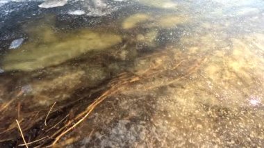 clear ice on the river. ice texture. the ice is melting. spring thaw. frozen water. air and water.