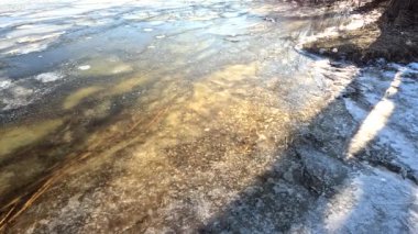 clear ice on the river. ice texture. the ice is melting. spring thaw. frozen water. air and water.