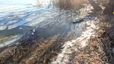clear ice on the river. ice texture. the ice is melting. spring thaw. frozen water. air and water.