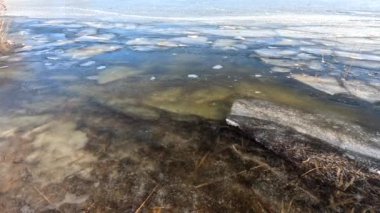 clear ice on the river. ice texture. the ice is melting. spring thaw. frozen water. air and water.