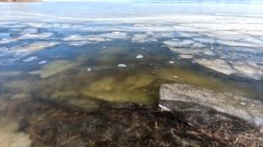 clear ice on the river. ice texture. the ice is melting. spring thaw. frozen water. air and water.