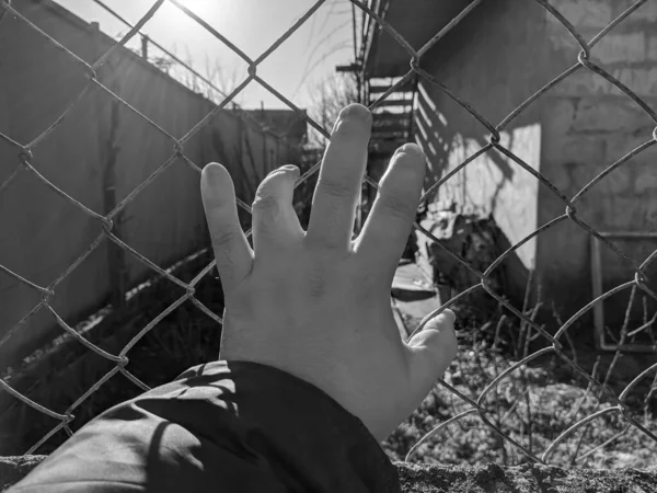 Σιδερένια Σχάρα Χαλύβδινο Πλέγμα Χέρι Κρατάει Σχάρα Χέρι Ενός Άντρα — Φωτογραφία Αρχείου