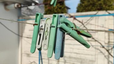 İpte çok renkli mandallar var. Tarafsız yeşil zeminde çiy damlaları olan mavi mandallar, beyaz telde mandallar, çamaşır ipi kurutma teli, çok renkli mandallar..