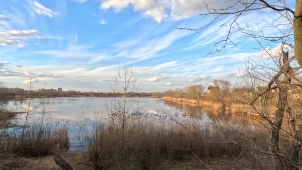 川の風景です 水の中の空の反射です 海岸にいます 水と自然の風景 湖の晴れた夜 ウクライナの風景 デンバー川だ 日没時の穏やかな水 — ストック動画