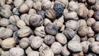 ceviz. Ceviz, ahşap bir masaya yakın. Dikey kayan kamera delikten geçiyor. Elinde fındıklar. ceviz kabuğu.