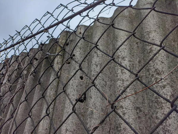 Φράχτη Από Μέταλλο Και Σκυρόδεμα Χαλύβδινο Πλέγμα Φράχτη Ματιών Γκρι — Φωτογραφία Αρχείου