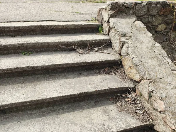 Старі Бетонні Сходи Сухе Листя Сходах Камера Ковзає Сходах Покритих — стокове фото