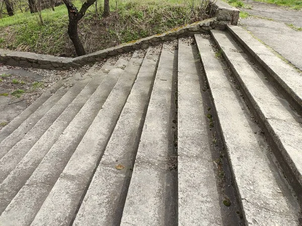 stock image old concrete stairs. dry leaves on the steps. Camera sliding up the stairs covered with dry oak leaves close up slow motion. Detailed moving shot of autumnal foliage lying on ground.