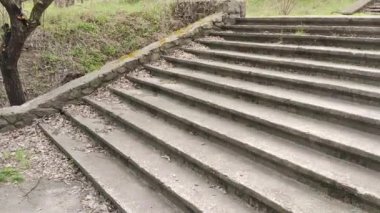 Eski beton merdivenler. Merdivenlerde kuru yapraklar var. Kameralar kuru meşe yapraklarıyla kaplı merdivenlerden yukarı kayıyor. Ağır çekim yakın çekim. Yerde yatan sonbahar yeşilliğinin ayrıntılı hareketli görüntüsü.