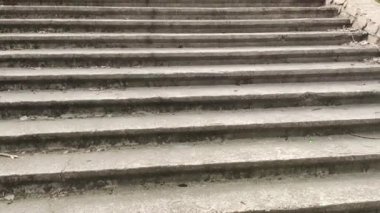 Eski beton merdivenler. Merdivenlerde kuru yapraklar var. Kameralar kuru meşe yapraklarıyla kaplı merdivenlerden yukarı kayıyor. Ağır çekim yakın çekim. Yerde yatan sonbahar yeşilliğinin ayrıntılı hareketli görüntüsü.