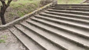 Eski beton merdivenler. Merdivenlerde kuru yapraklar var. Kameralar kuru meşe yapraklarıyla kaplı merdivenlerden yukarı kayıyor. Ağır çekim yakın çekim. Yerde yatan sonbahar yeşilliğinin ayrıntılı hareketli görüntüsü.