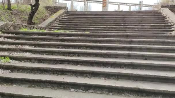 Παλιά Τσιμεντένια Σκάλα Στεγνά Φύλλα Στις Σκάλες Κάμερα Συρόμενη Στις — Αρχείο Βίντεο
