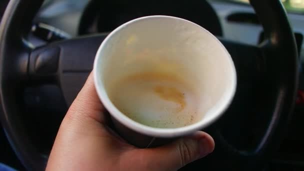 車の中のコーヒー カプチーノを紙コップに入れた 紙コップに入ったコーヒー 車の中のラテ — ストック動画