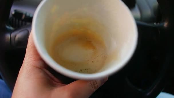 車の中のコーヒー カプチーノを紙コップに入れた 紙コップに入ったコーヒー 車の中のラテ — ストック動画