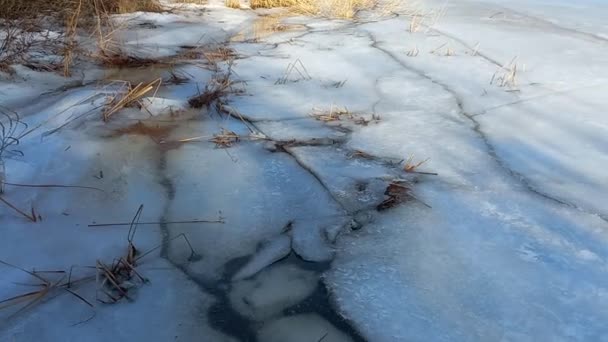 冰的质感冰柱 冬天的天气 台阶和雪 冰上的裂缝 冰冷的水透明的冰 — 图库视频影像