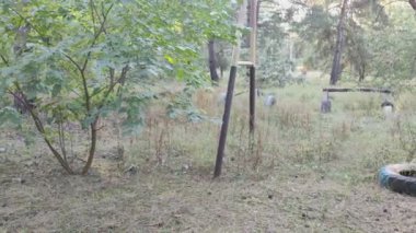 oyun bahçesini yok etti. Dükkanı yok etti. Ukrayna. Ukrayna savaşı. Bitkilerle kaplı bir çocuk parkı. Terk edilmiş şehir.