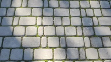 Döşeme taşları. Tuğla deseni. Taştan yapılmış bir yol. Döşeme taşlarının dokusu. Asfaltlı bir caddenin taşlarında yavaş dairesel hareketler. Şehir parkında kaldırım taşlarından yapılmış bir kaldırım.