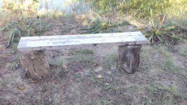 Nehir kıyısındaki bankta. Çamurlu nehrin kenarında yükselen su seviyesi ile birlikte beyaz park bankında. Güneşli bir günde, ormandaki bir göletin kıyısında bir bank.
