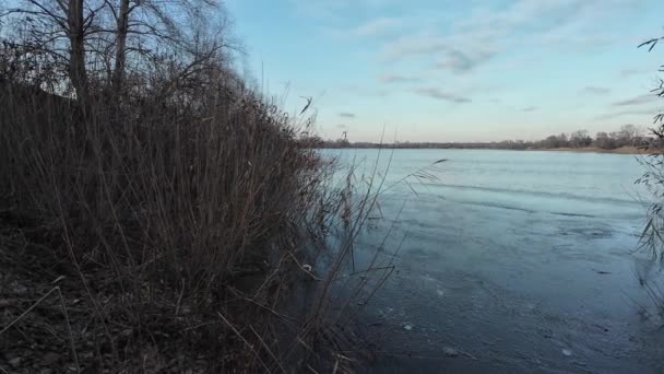 Winterlandschaft Flussufer Zugefrorener Fluss Wintersonnige Landschaft Ufer Des Flusses Schöne — Stockvideo