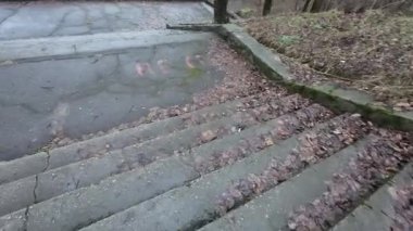 Eski taş merdiven. Bir adam merdivenlerden çıkıyor. Siyah spor ayakkabılı bir adamın bacakları eski bir taş merdiven boyunca yürüyor. Merdivenlerden uzun bir yürüyüş. - Yakın çekim. 4k video