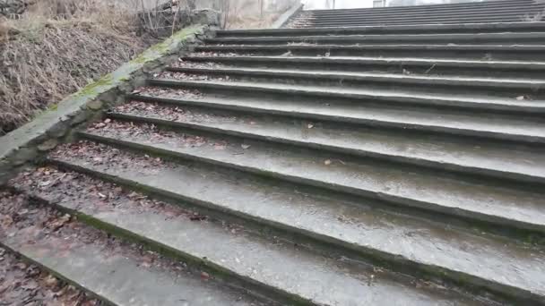 Old Stone Staircase Man Walks Stairs Legs Man Black Sneakers — Stock Video