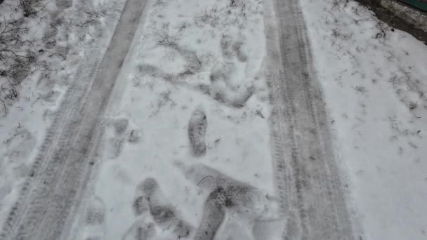 雪の中のタイヤトラック 氷の冷凍タイヤのタイヤ 冷凍タイヤトラック フィンランドの凍った湖で雪を追跡する自動車ショット 雪の中の糸や足跡 雪に覆われた街路 4Kについて — ストック動画