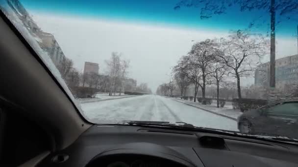 Вождение Машине Снежную Погоду Вождение Автомобиля Опасных Снежных Условиях Зимнее — стоковое видео