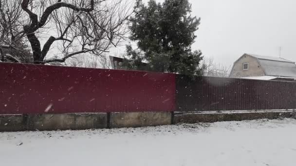 Draußen Schneit Straße Einer Kleinstadt Schnee Winterstimmung Schneefall Große Schneeflocken — Stockvideo