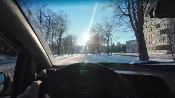 Una Strada Innevata Autista Che Guida Con Tempo Nevoso Viaggio — Video Stock