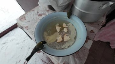 titmouse at the feeder. birds in winter. tits and sparrows. slow motion inversion. Hungry birds, Great tit or parus major, are pecking lard which hangs from branch in garden or backyard.