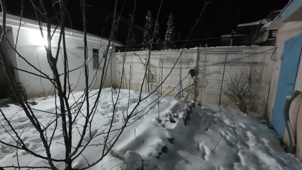 雪の中のパティオ スノーヤード 大雪の間夜の裏庭ガゼボ 雪の冬のシーン 雪で覆われた夜の家屋 雪が降っている — ストック動画